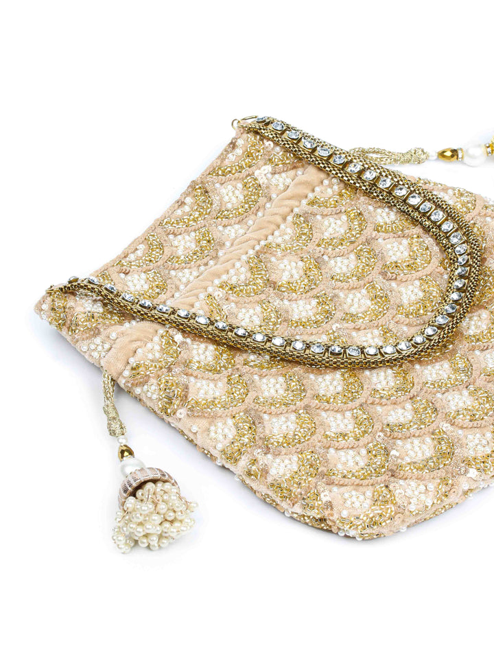 Golden Sequin &amp; Pearl Embroidered Potli Bag