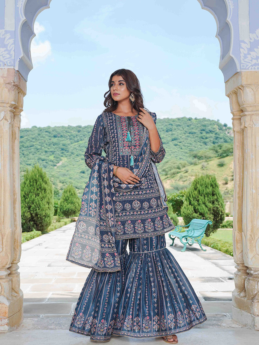 Floral Printed Crepe Kurta With Garara &amp; Silk Dupatta