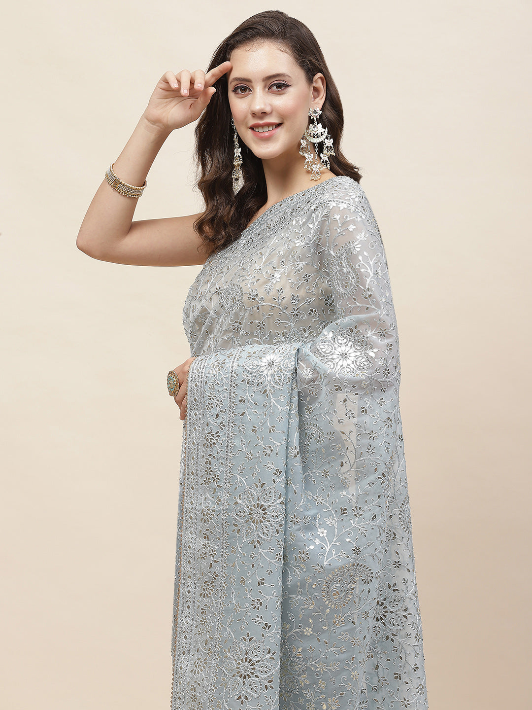 Resham Jaal Embroidery Organza Saree