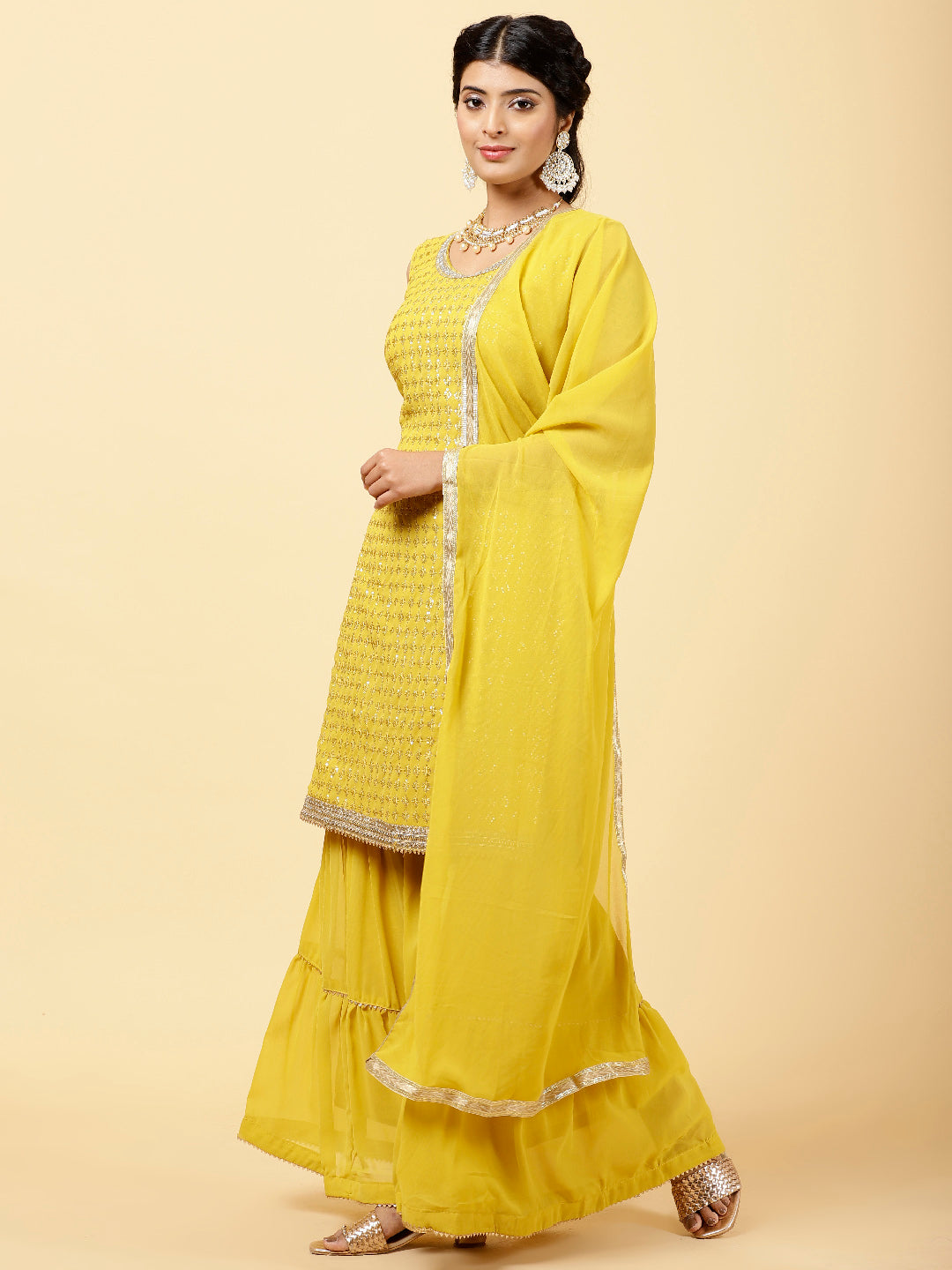 Sequin Embroidered Georgette Kurta With Garara &amp; Dupatta