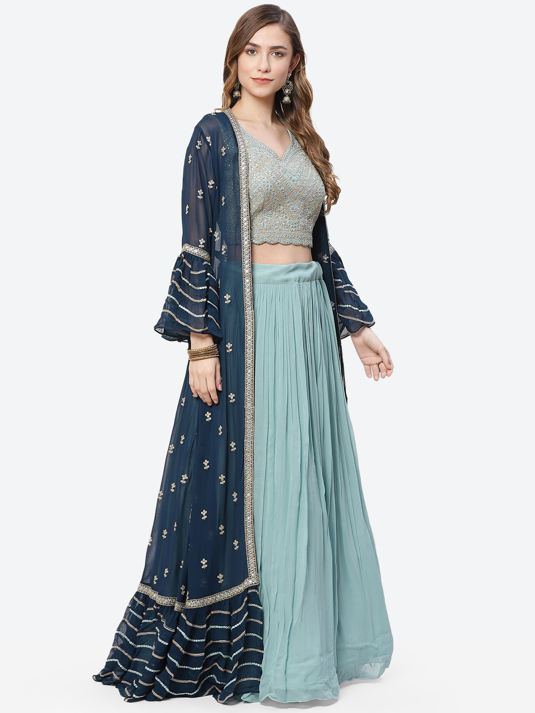 Mirror Work Georgette Jacket With Lehenga Choli And Net Dupatta