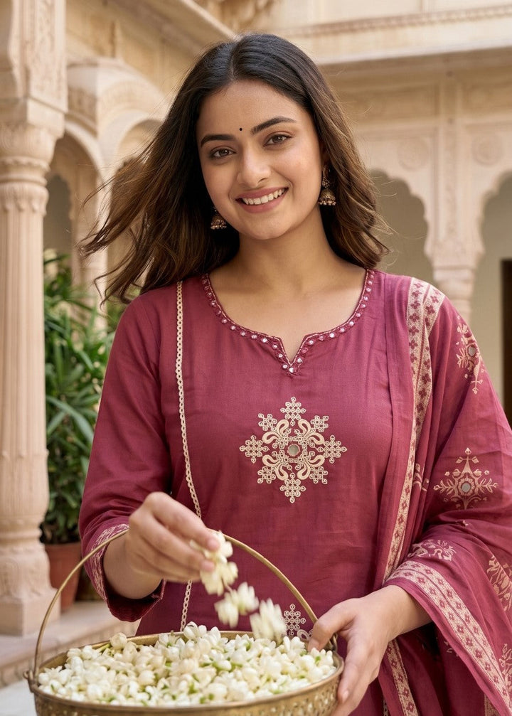 Neck Embroidered Cotton Blend Kurta With Pant &amp; Dupatta
