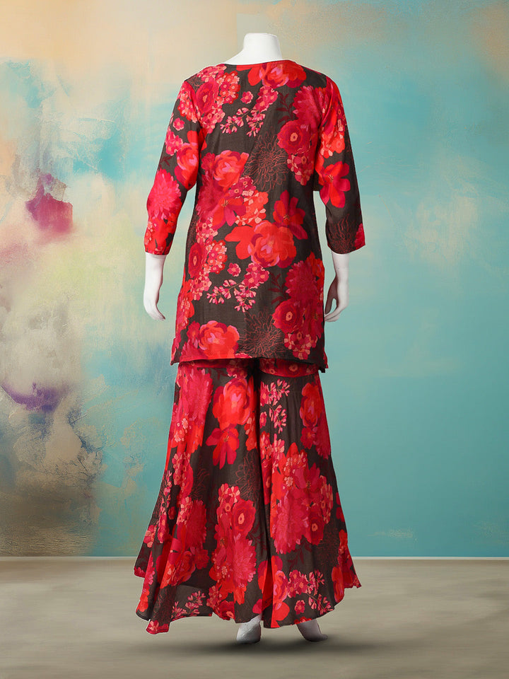 Printed With Embroidered Cotton Blend Kurta With Garara &amp; Dupatta