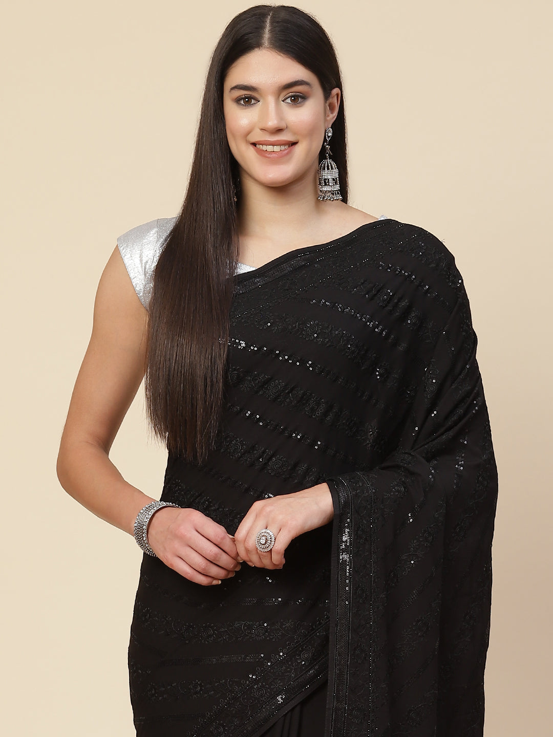 Sequin Embroidered Crepe Saree