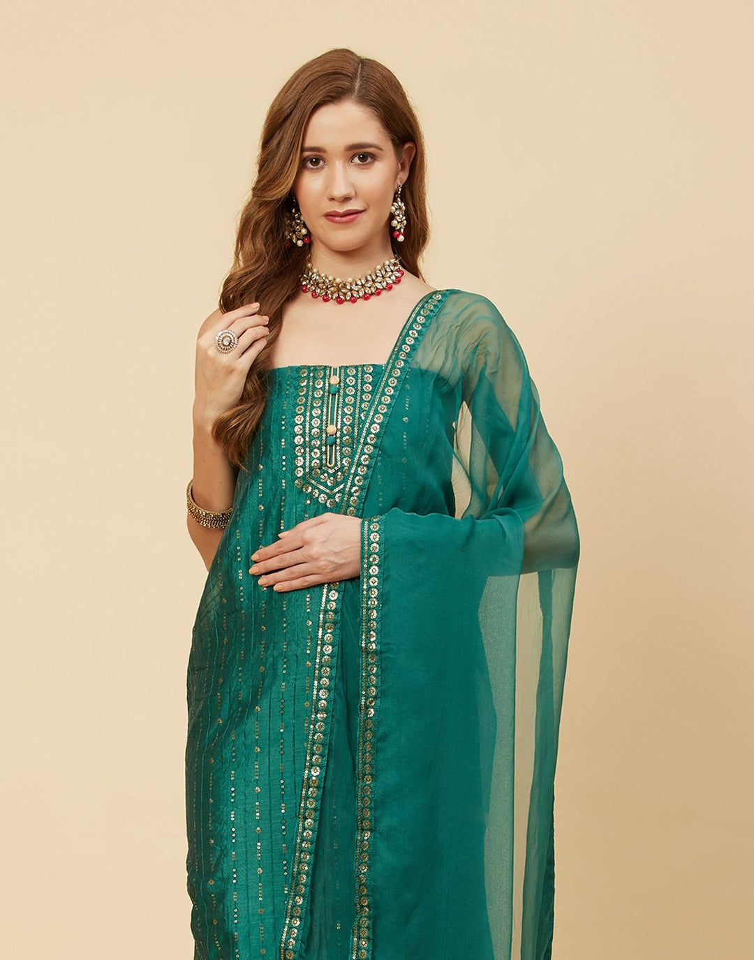 Embroidered Chanderi Suit Piece With Chiffon Dupatta