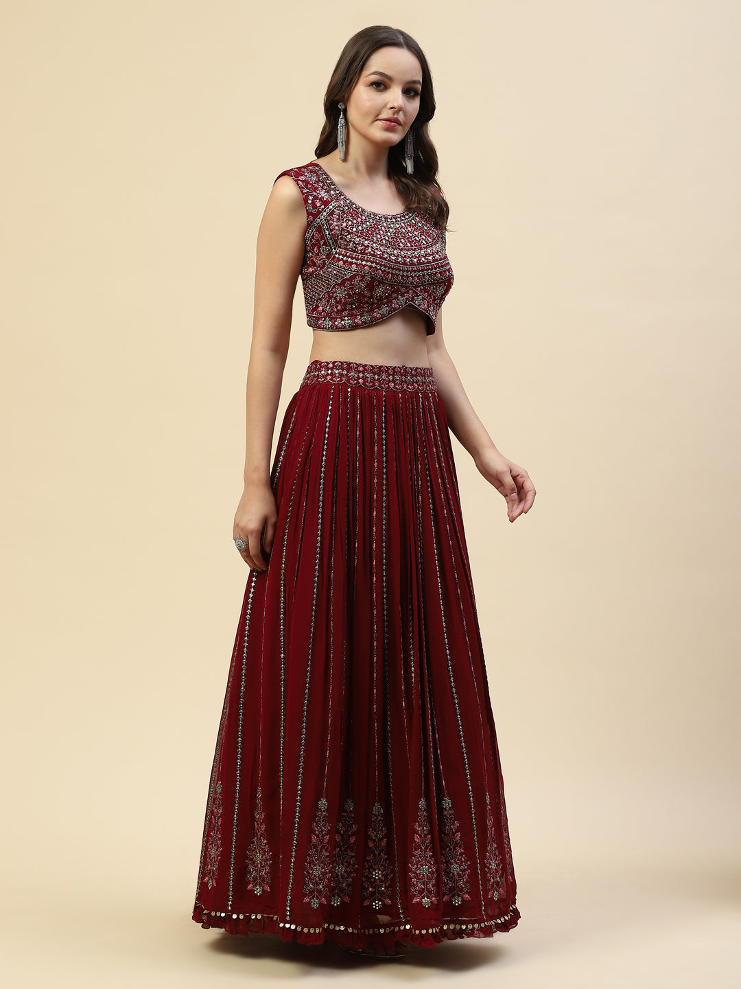 Resham Embroidered Georgette Choli With Lehenga &amp; Net Dupatta