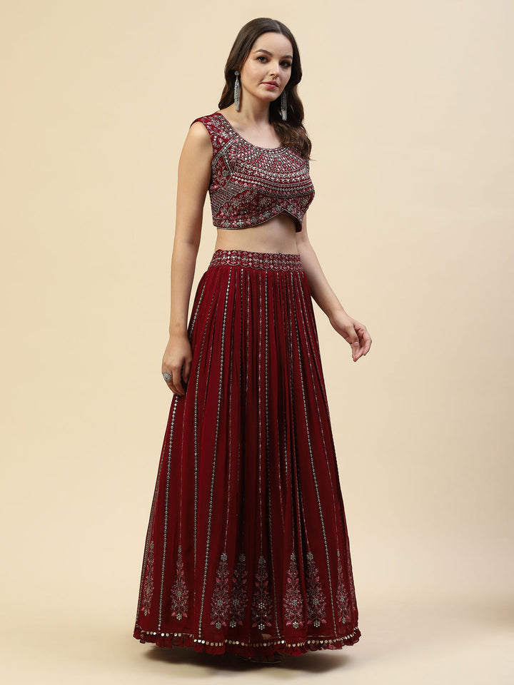 Resham Embroidered Georgette Choli With Lehenga &amp; Net Dupatta