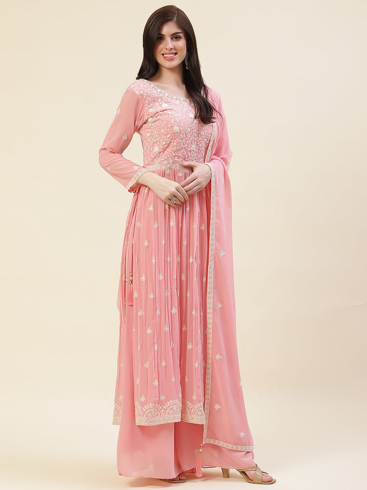Resham Embroidered Booti Georgette Kurta With Palazzo &amp; Dupatta