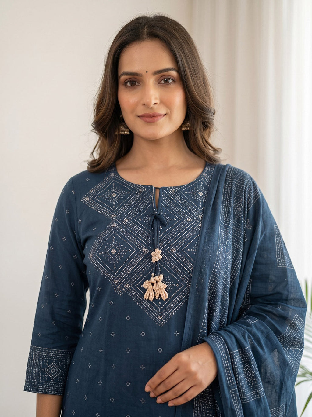 Blue Printed Cotton Blend Kurta With Pant & Dupatta