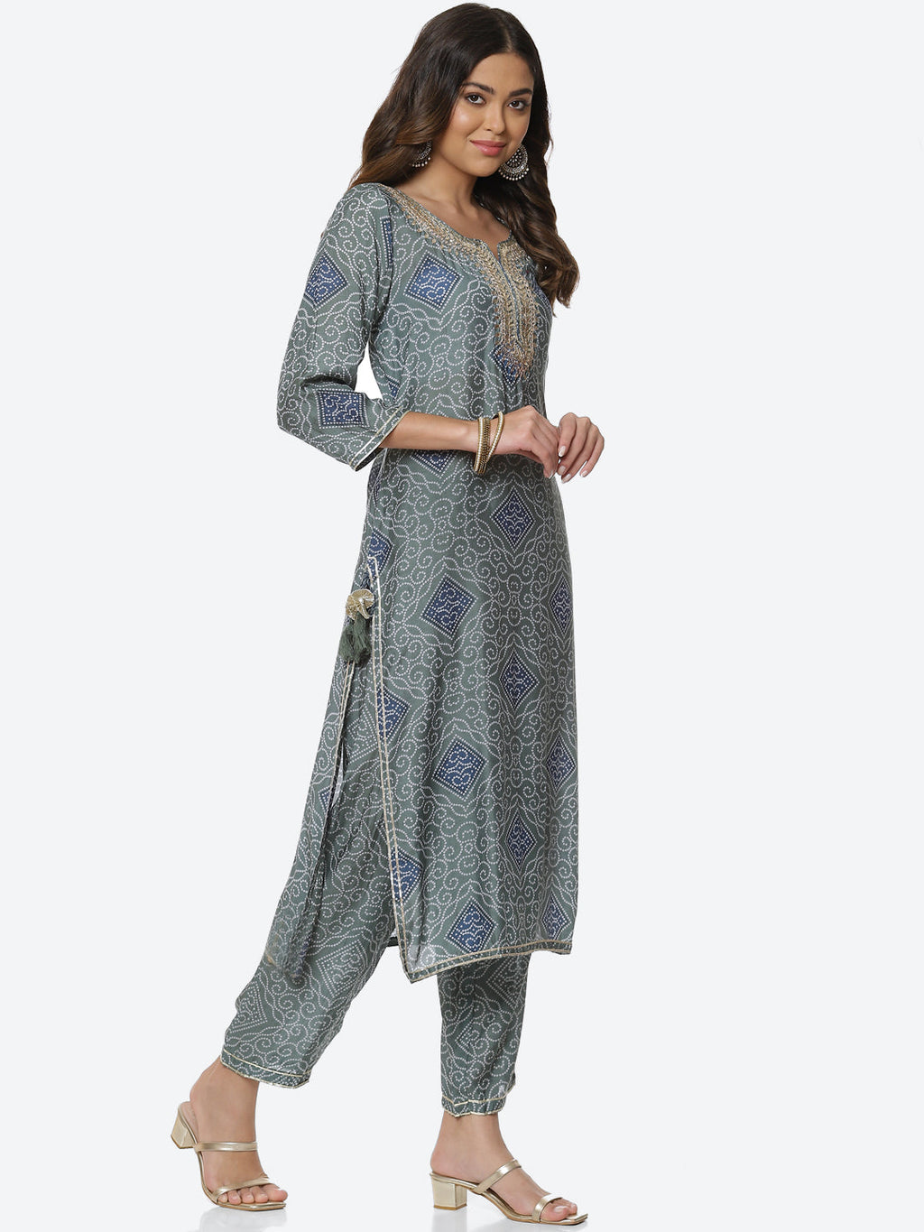 Printed Gota Neck Cotton Kurta With Pant & Dupatta
