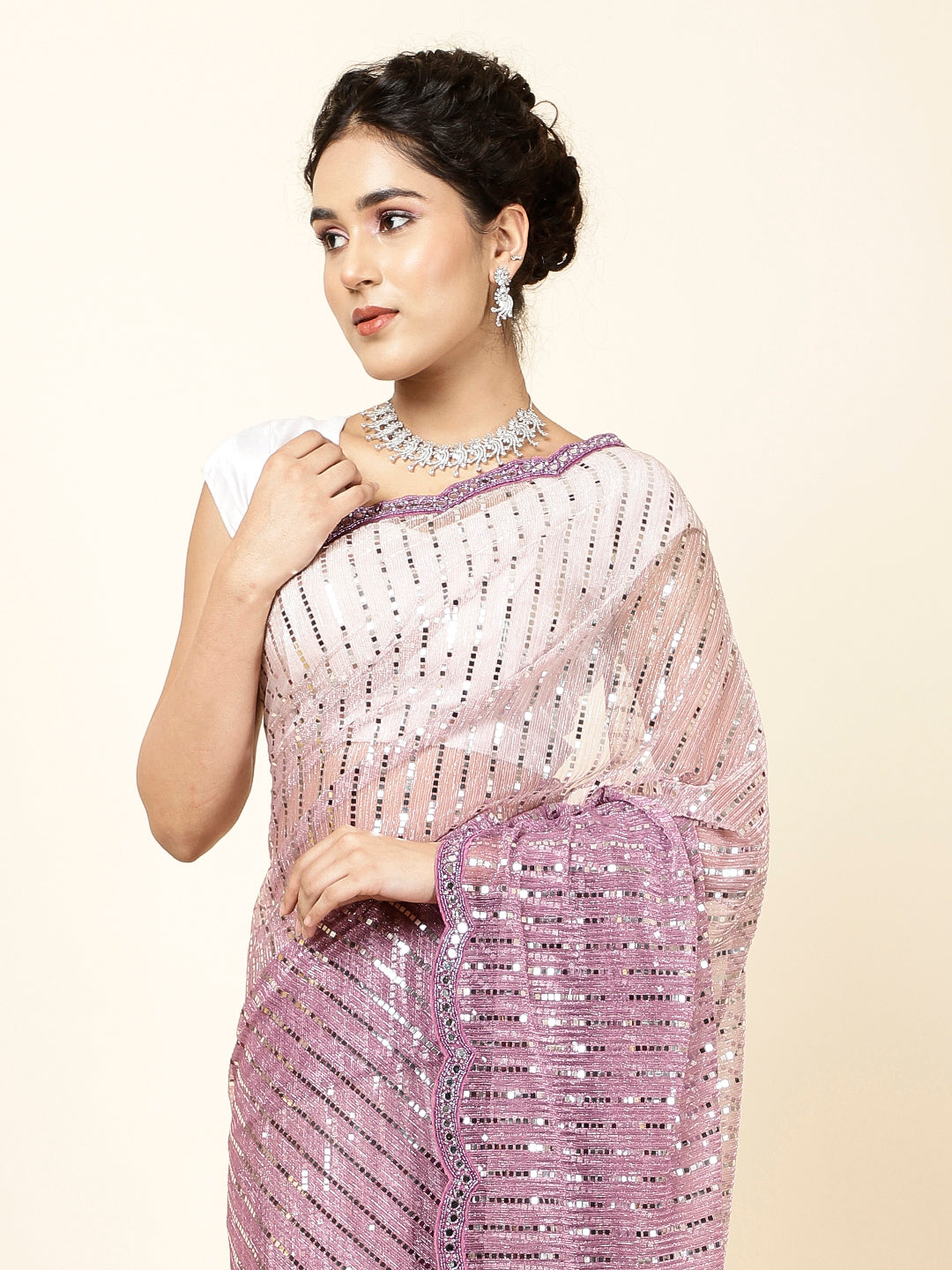 Mirror Work Embroidered Net Saree