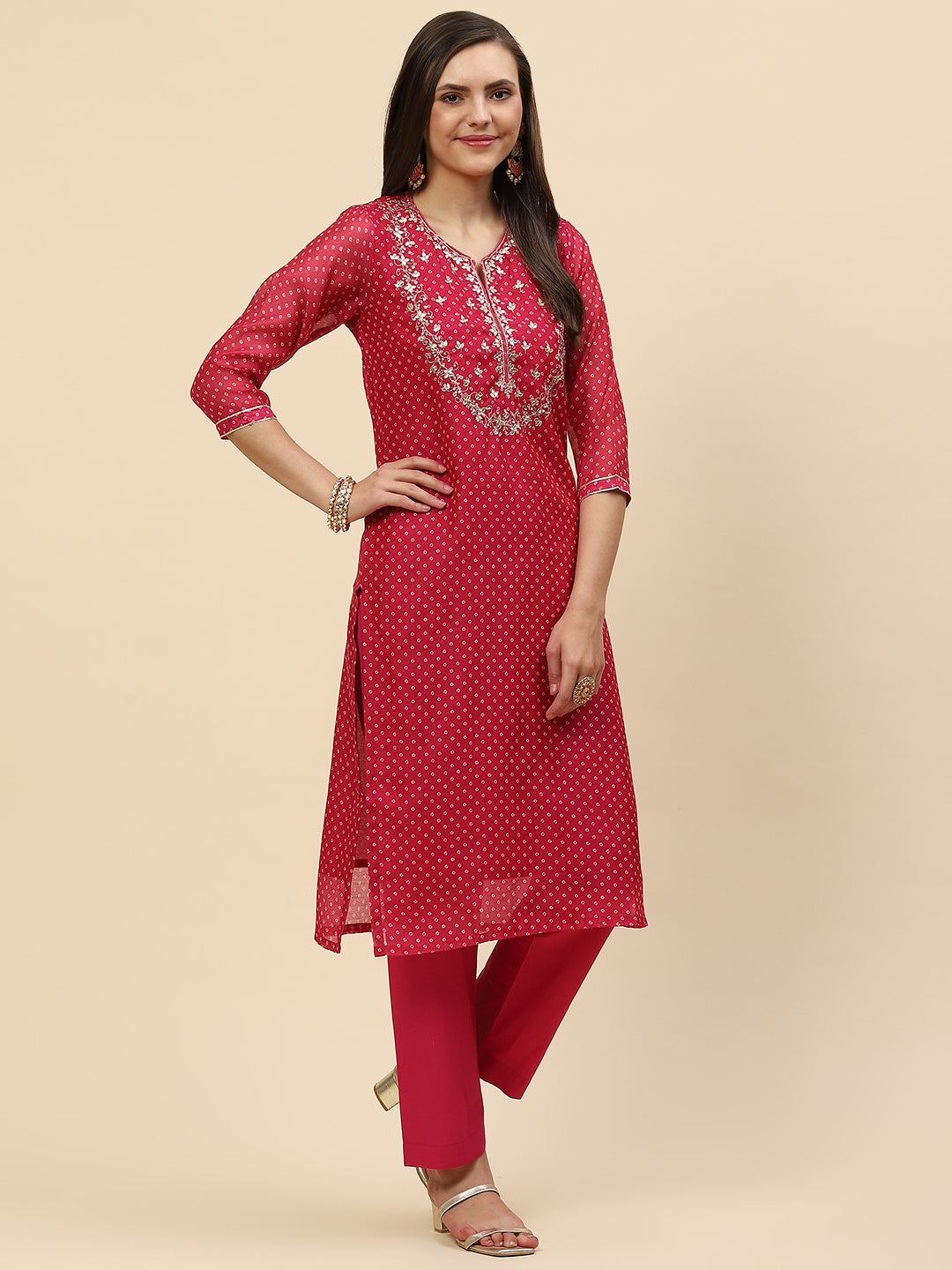 Gota Work &amp; Printed Chanderi Kurta With Pants