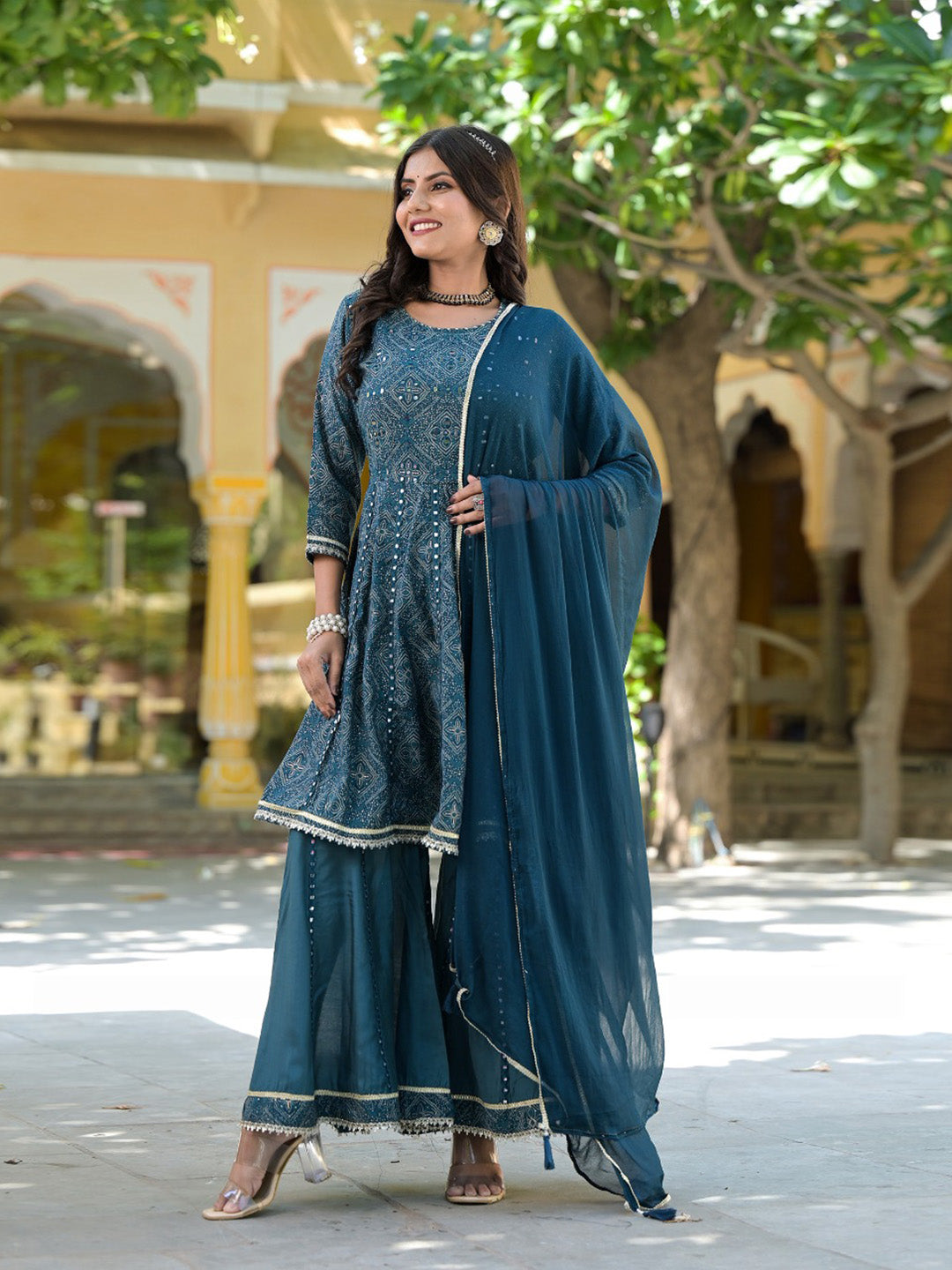 Bandhej Printed Cotton Kurta With Garara &amp; Dupatta