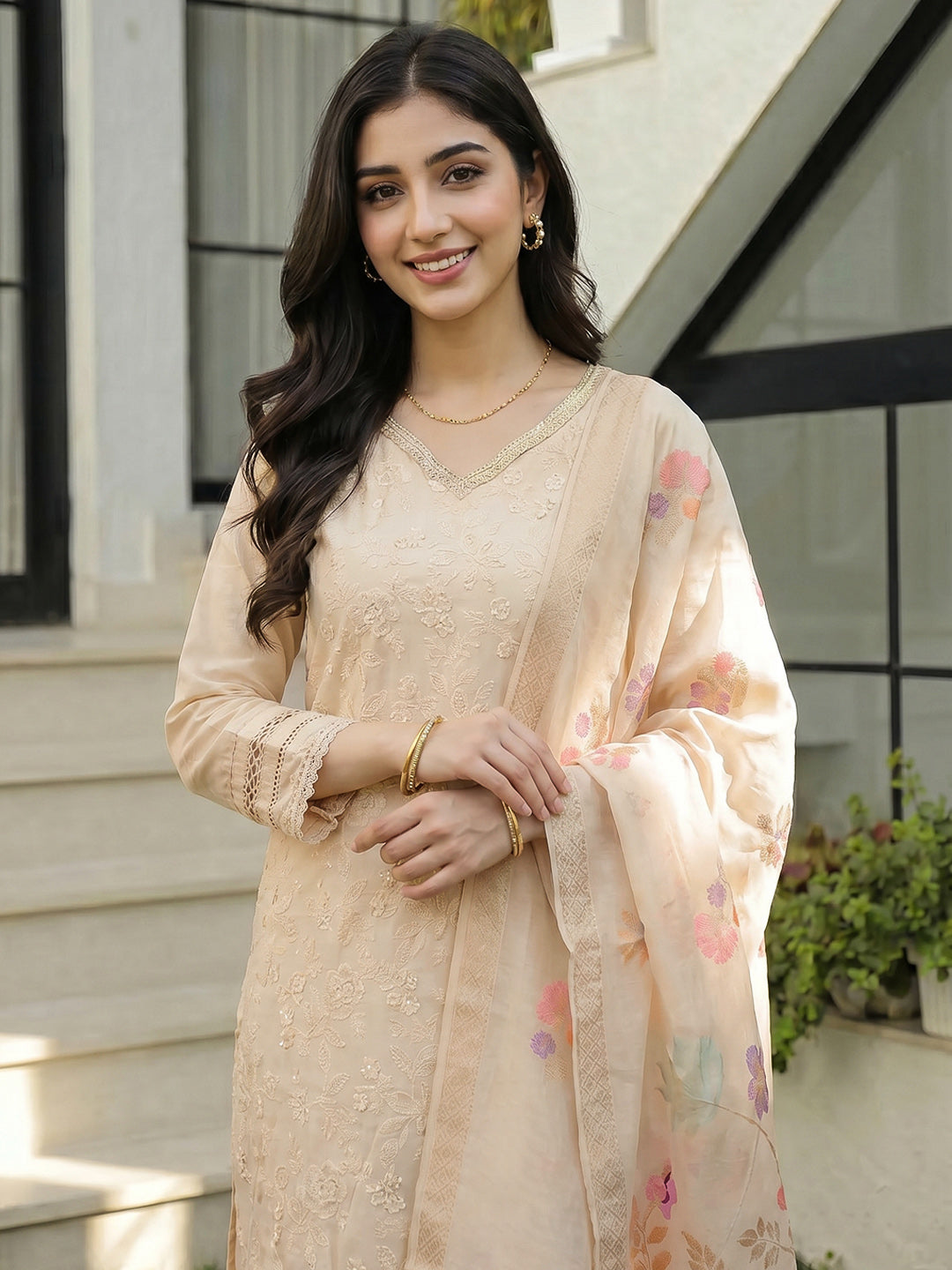 Embroidered Cotton Blend Suit Set With Dupatta