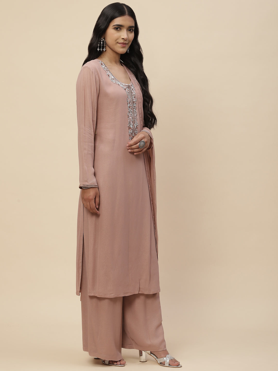 Stone Work Georgette Kurta With Pants &amp; Dupatta
