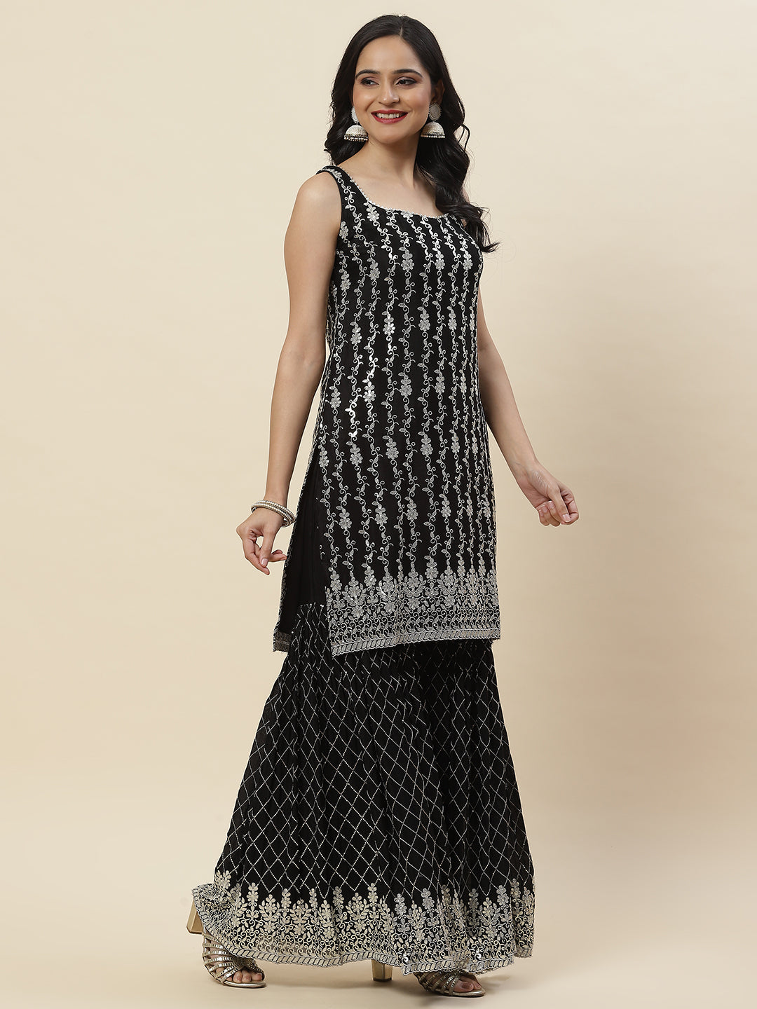 Sequin Embroidered Crepe Kurti With Garara &amp; Dupattta