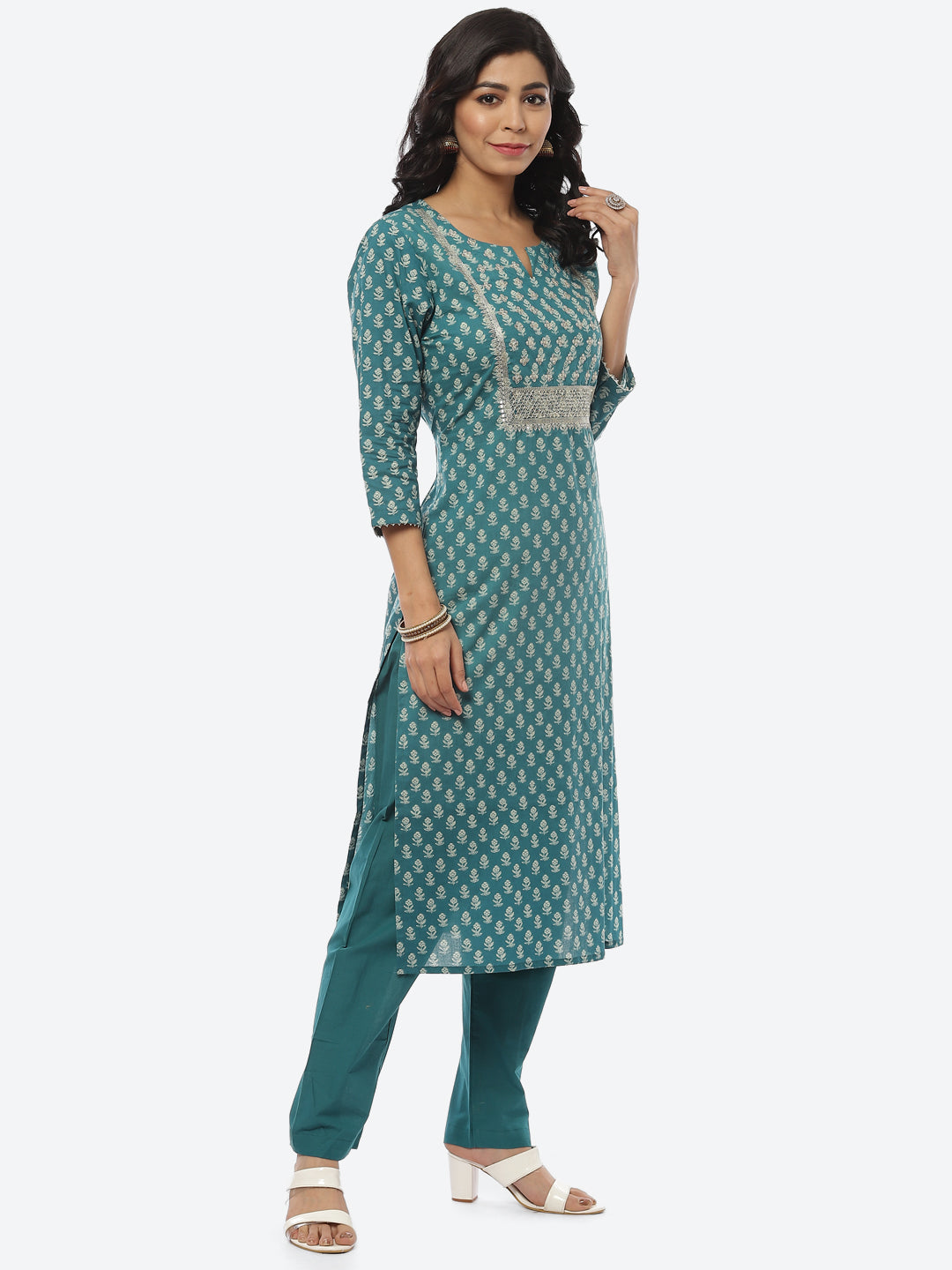 Printed Zari Neck Cotton Kurti With Pant