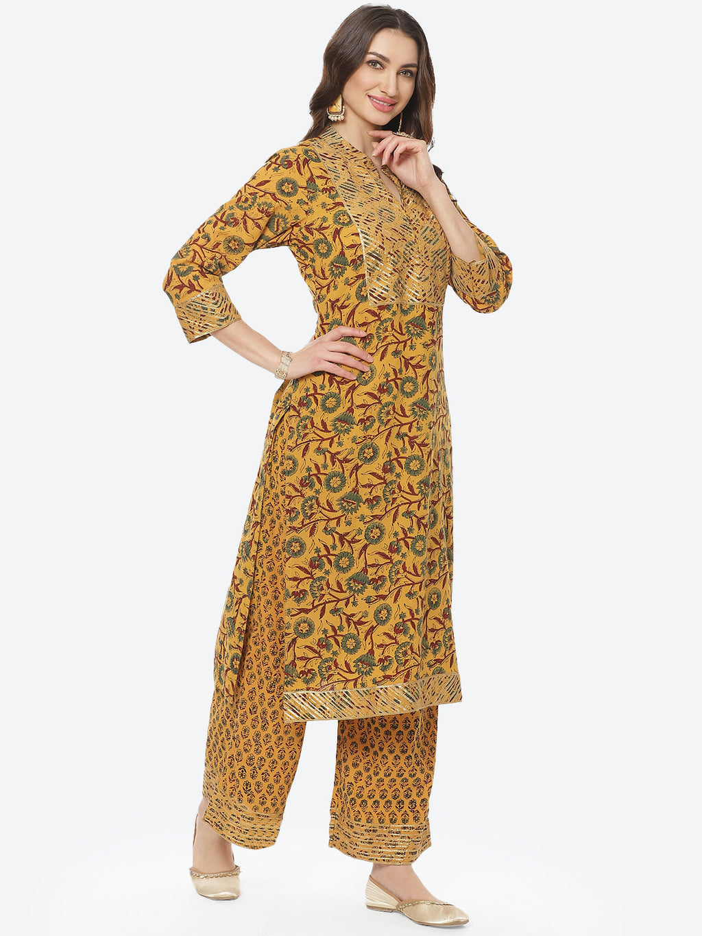 Printed Gota Neck Work Cotton Kurti With Palazzo
