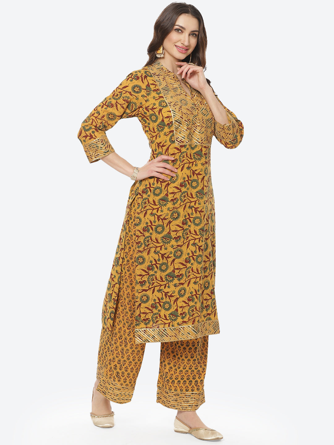 Printed Gota Neck Work Cotton Kurti With Palazzo