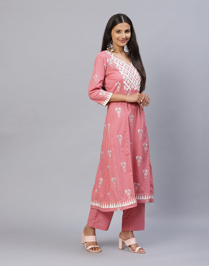 Yoke Embroidered Cotton Printed Kurti with Pant