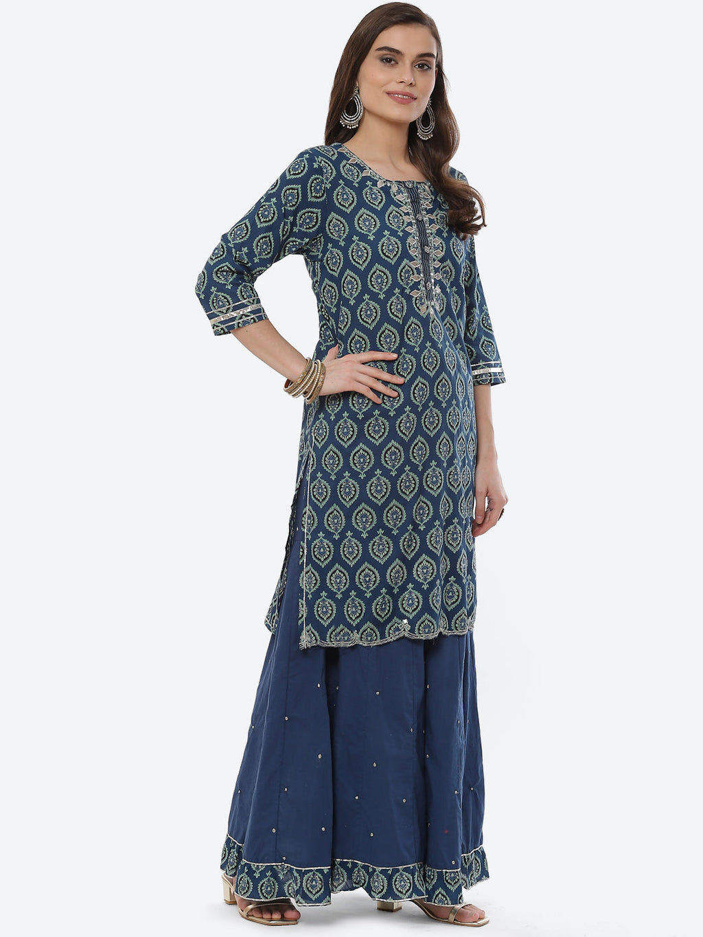 Printed Cotton Kurta With Garara & Chiffon Dupatta
