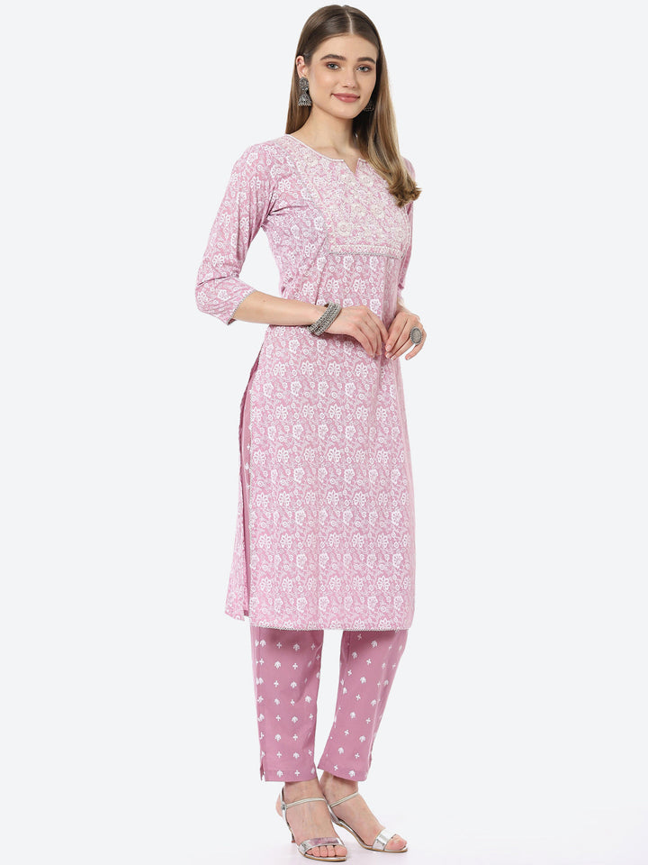 Resham Neck Booti Printed Cotton Kurta With Pant &amp; Cotton Dupatta