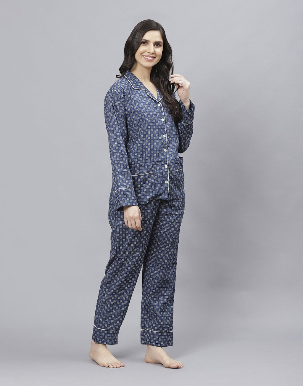 Navy Blue Cotton Printed Comfort Wear