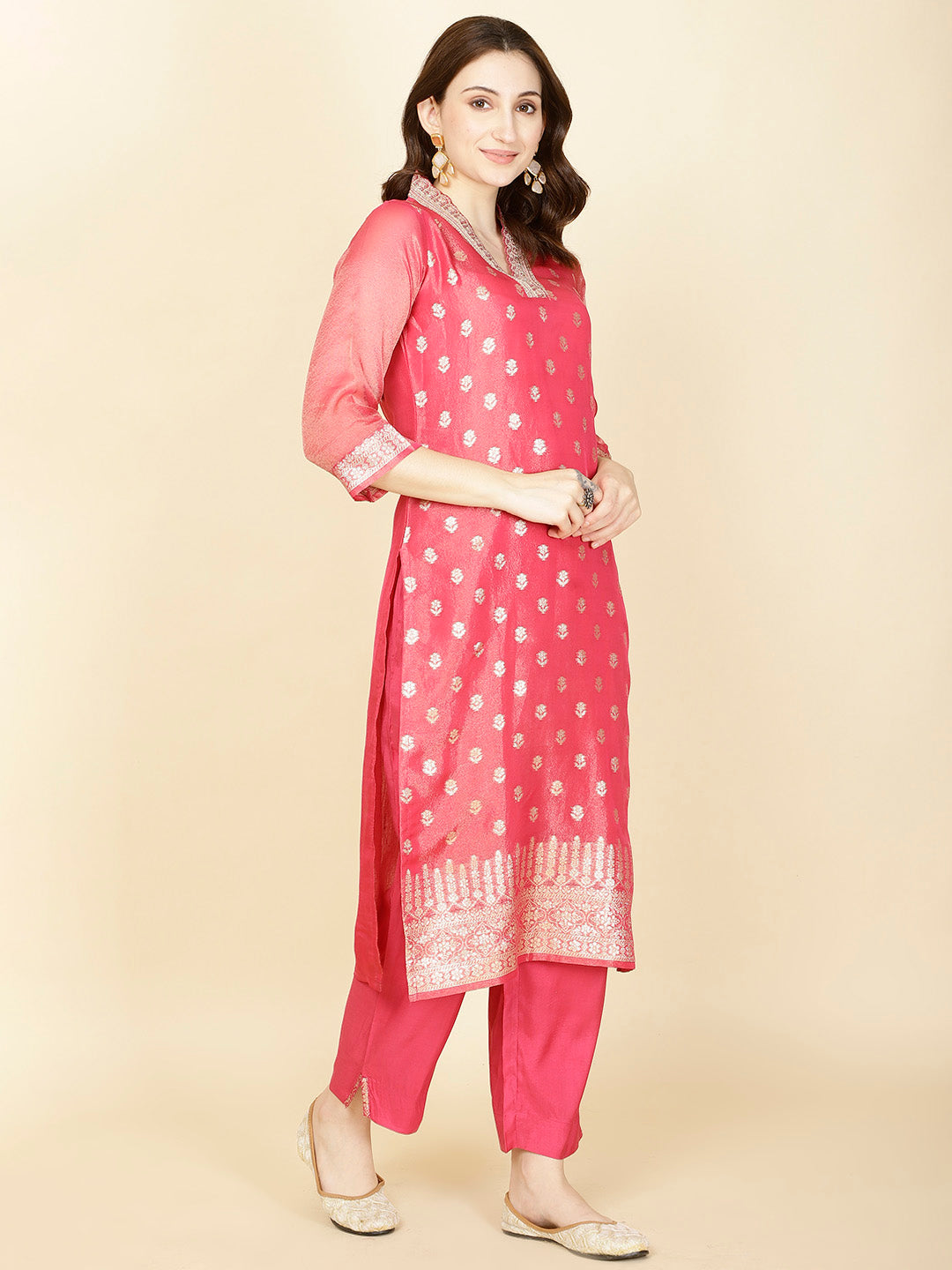 Floral Woven Tissue Kurta With Pants &amp; Dupatta