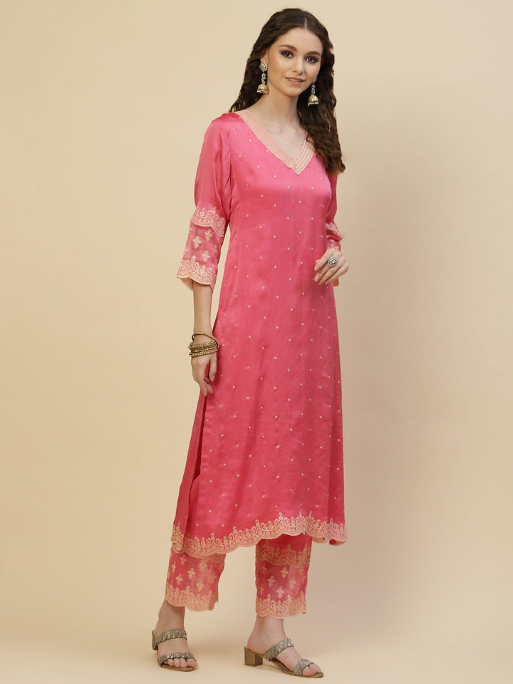 Resham Booti Satin Kurta With Pants &amp; Dupatta