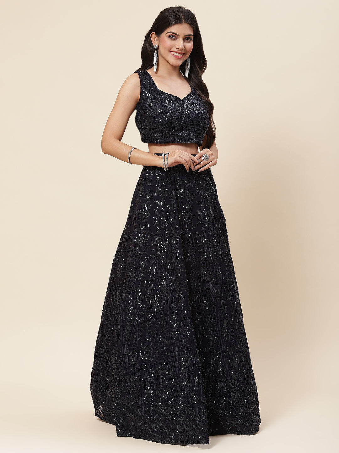 Sequin Resham Embroidered Georgette Choli With Lehenga &amp; Dupatta