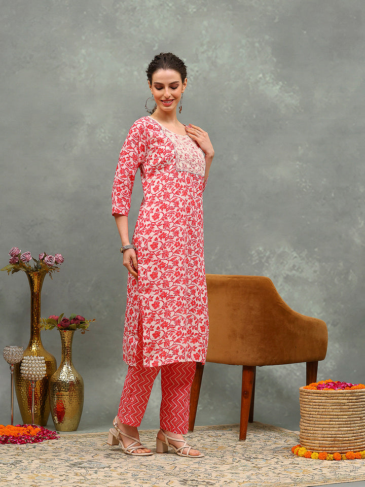 Printed Cotton Blend Kurta With Pants &amp; Dupatta