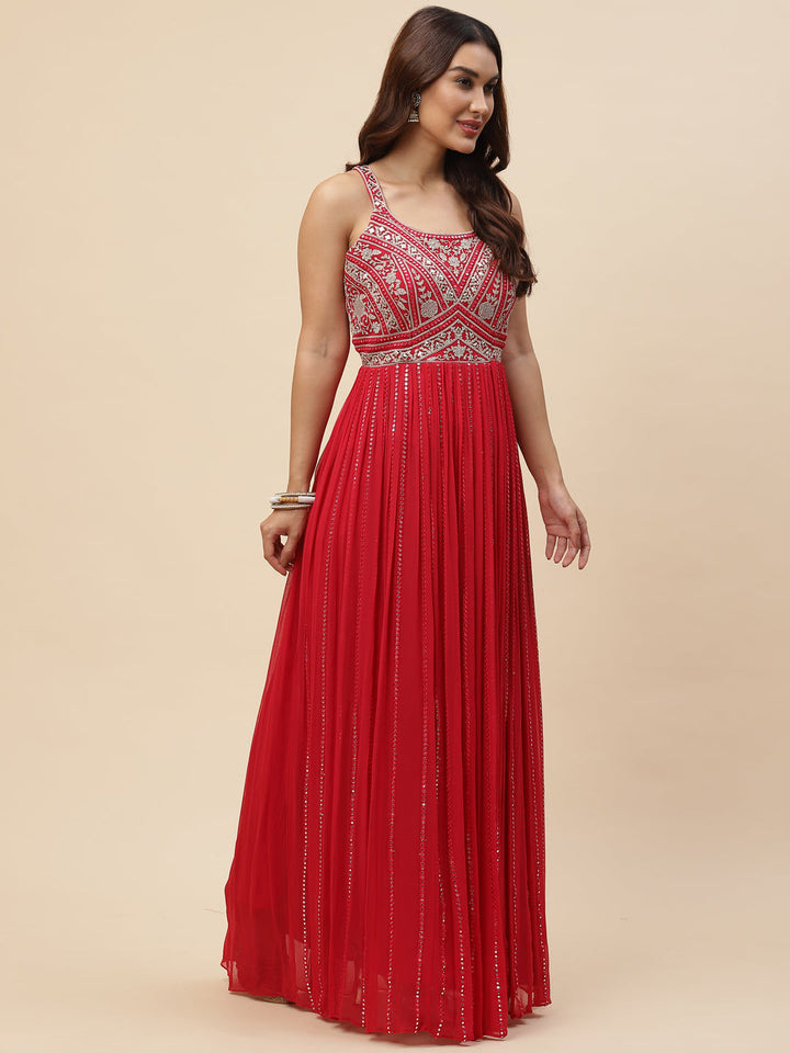 Neck Embroidered Georgette Gown With Jacket &amp; Dupatta
