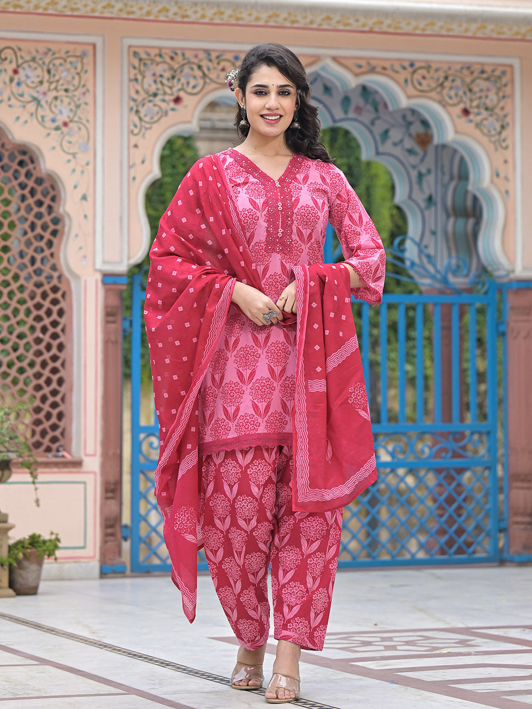 Printed Cotton Blend Kurta With Pants &amp; Dupatta