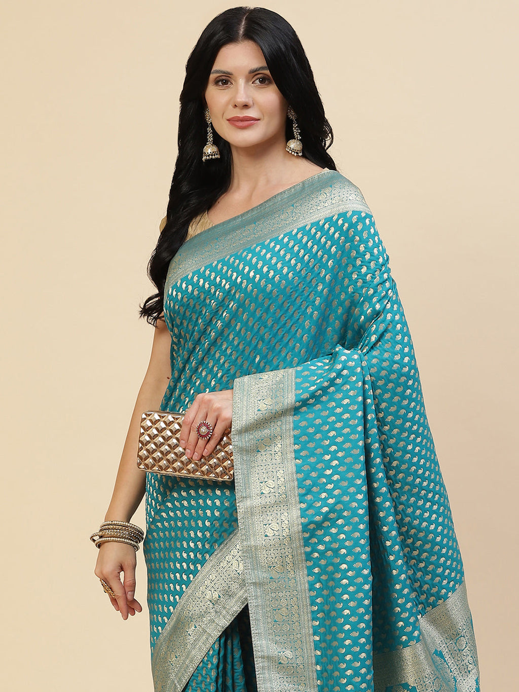 Zari Border Booti Banarasi Woven Saree