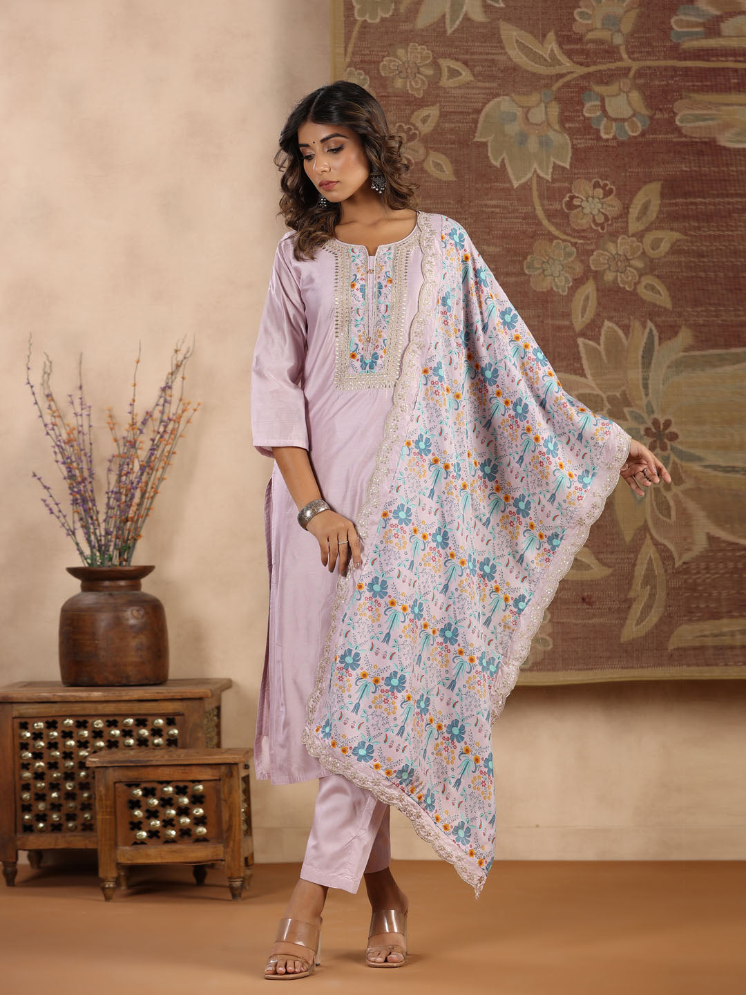 Neck Embroidered Chanderi Kurta With Pants &amp; Dupatta