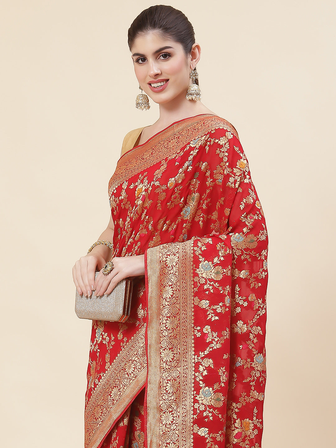 Floral Zari Jaal Georgette Plain Saree
