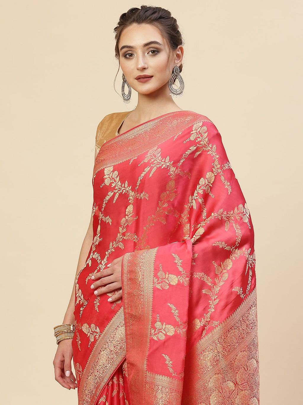 Floral Zari Jaal Satin Woven Saree