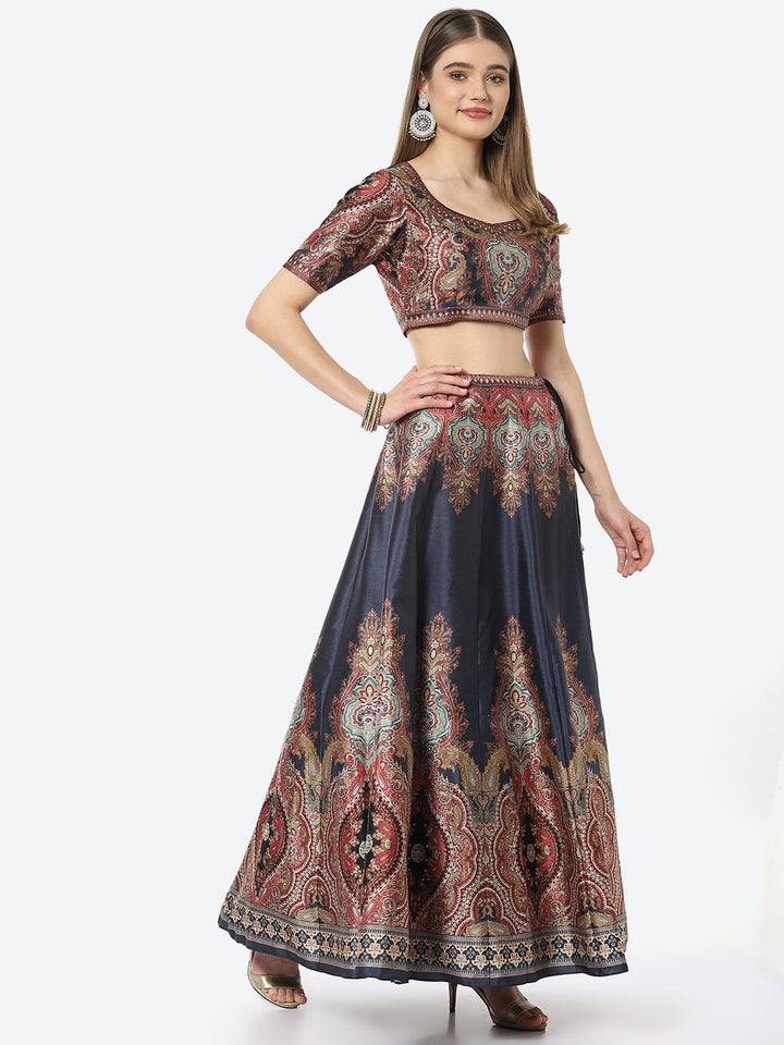 Floral Digital Printed Tussar Silk Choli With Lehenga &amp; Net Dupatta