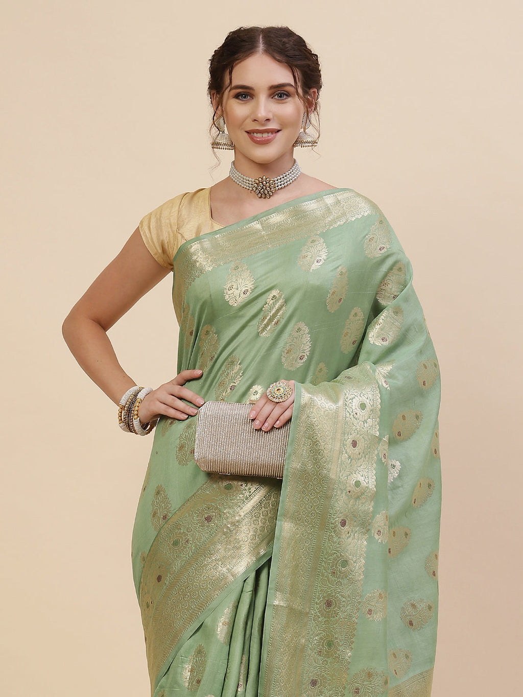 Zari Border Booti Cotton Woven Saree