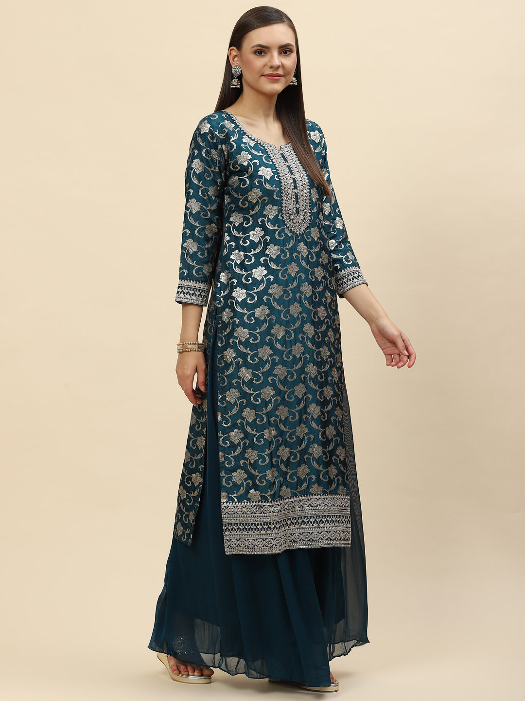 Zari Jaal Handloom Kurta With Palazzo &amp; Dupatta