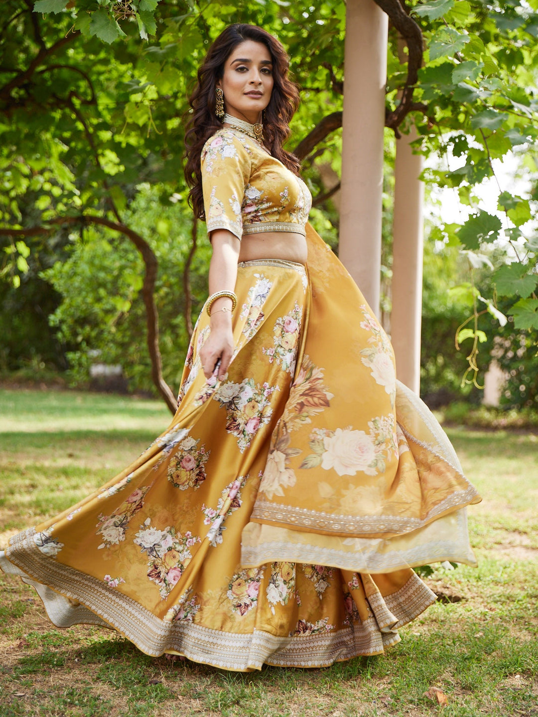 Floral Digital Printed Satin Choli With Lehenga &amp; Crepe Dupatta
