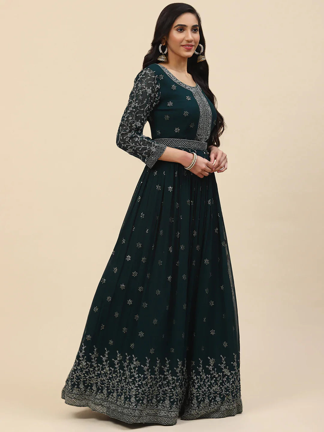 Resham Embroidered Georgette Kurta With Churidar &amp; Dupatta