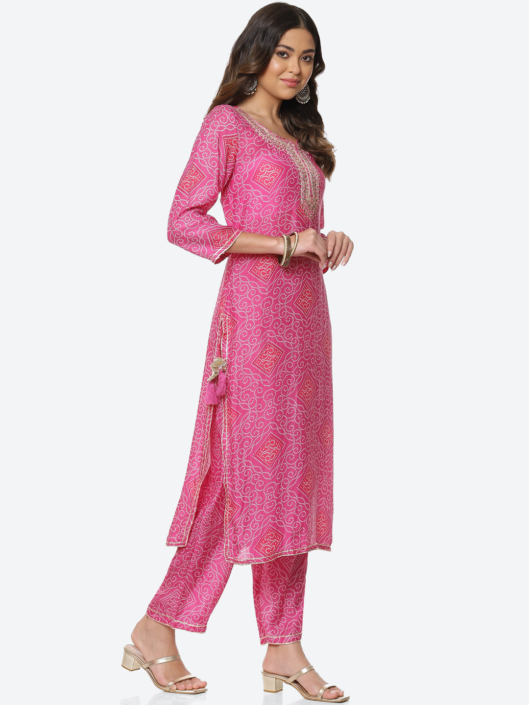 Printed Gota Neck Cotton Kurta With Pant & Dupatta