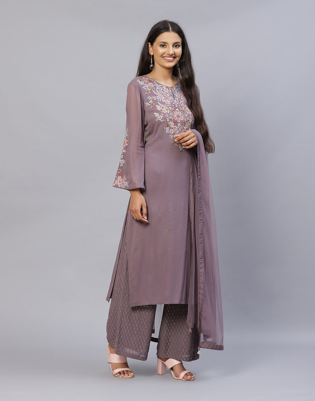 Embroidered Georgette Kurti Palazzo with Dupatta