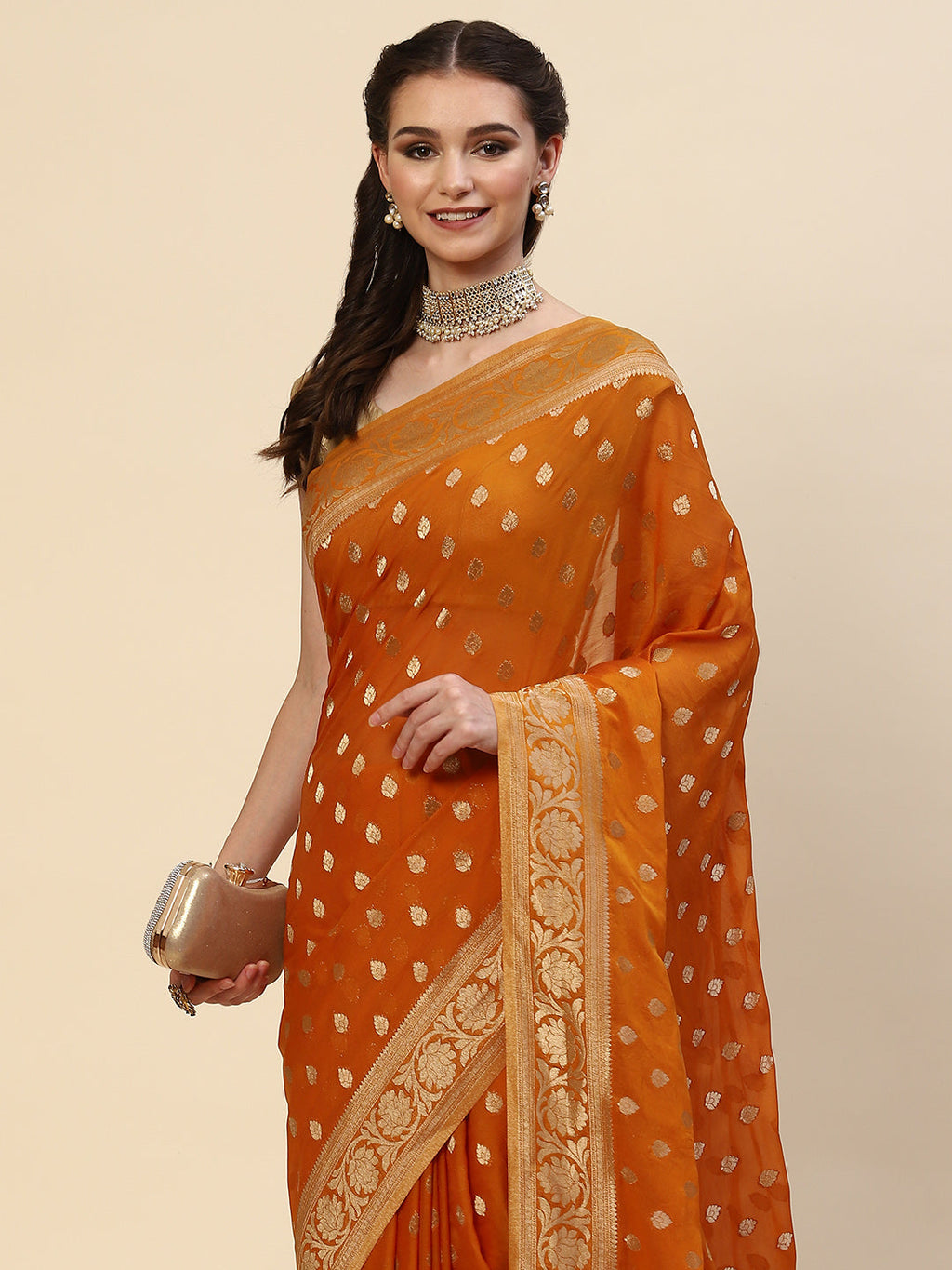 Zari Border Booti Georgette Plain Saree