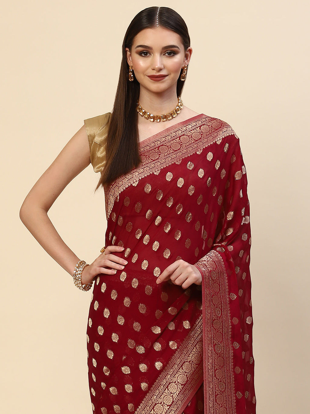 Zari Booti Georgette Plain Saree