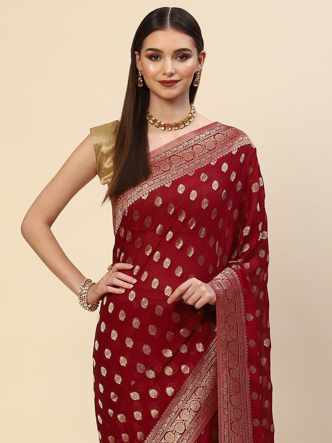Zari Booti Georgette Plain Saree