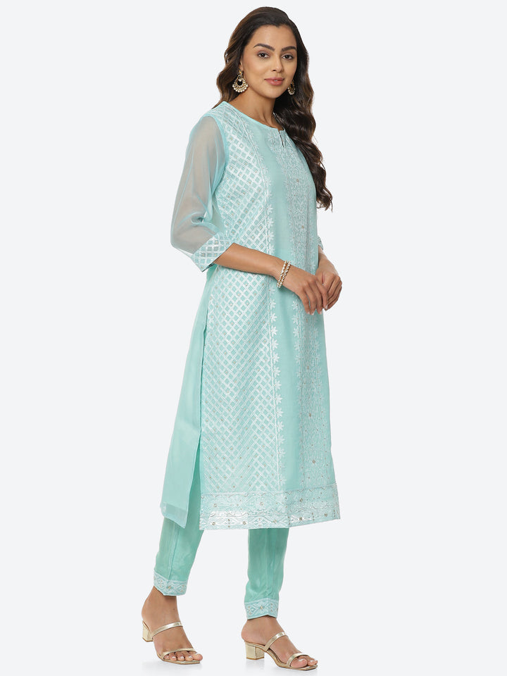 Resham Booti Organza Kurta With Pant &amp; Dupatta