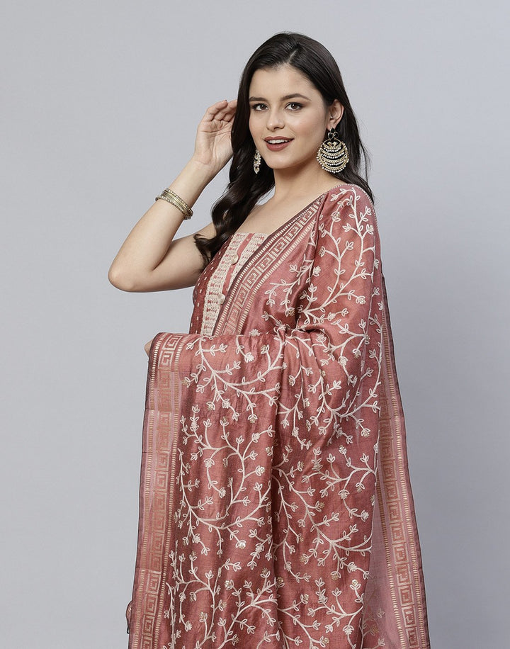 Chanderi Suit Piece With Embroidered Dupatta