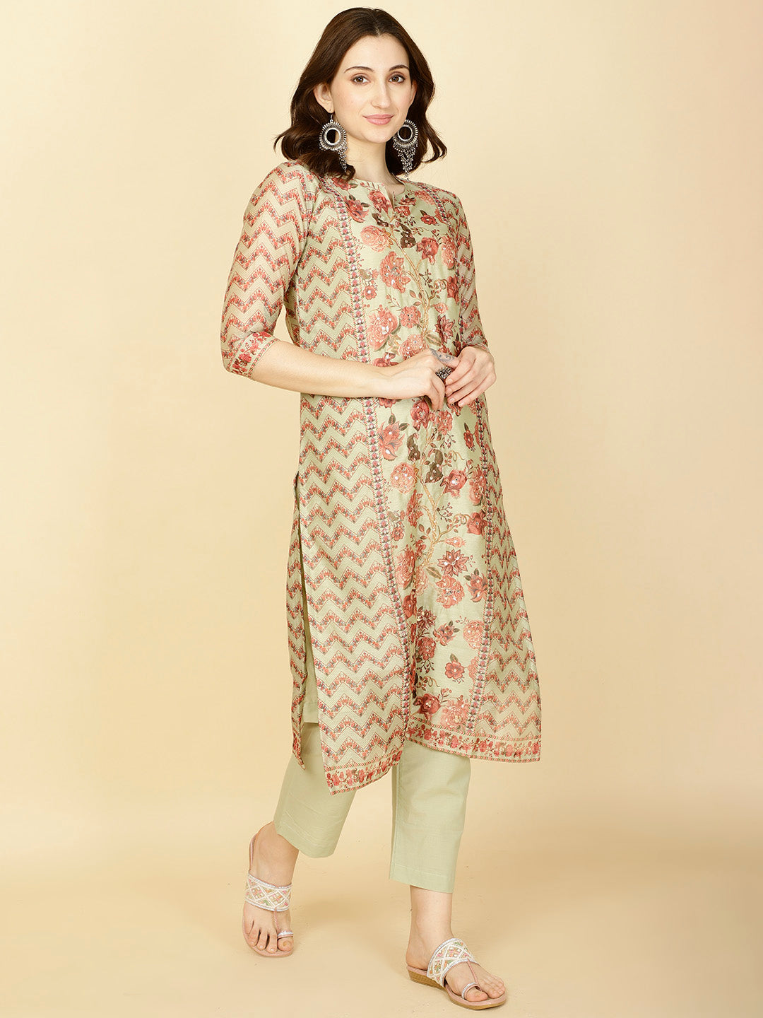 Floral Printed Chanderi Kurta With Pants &amp; Dupatta